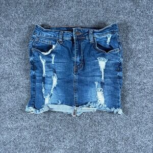 Wax Jean Mini Skirt Womens 25W Blue Denim‎ Ripped Distressed Frayed Hem Modern
